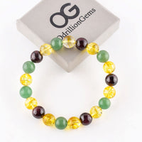 Triple Crystal Money Bracelet - Red Garnet - Citrine - Green Aventurine Handmade Bracelet Stretchable Genuine Round Beaded 10mm Unisex Jewelry Chakra Healing Crystals - Success - Bohemian Triple_B