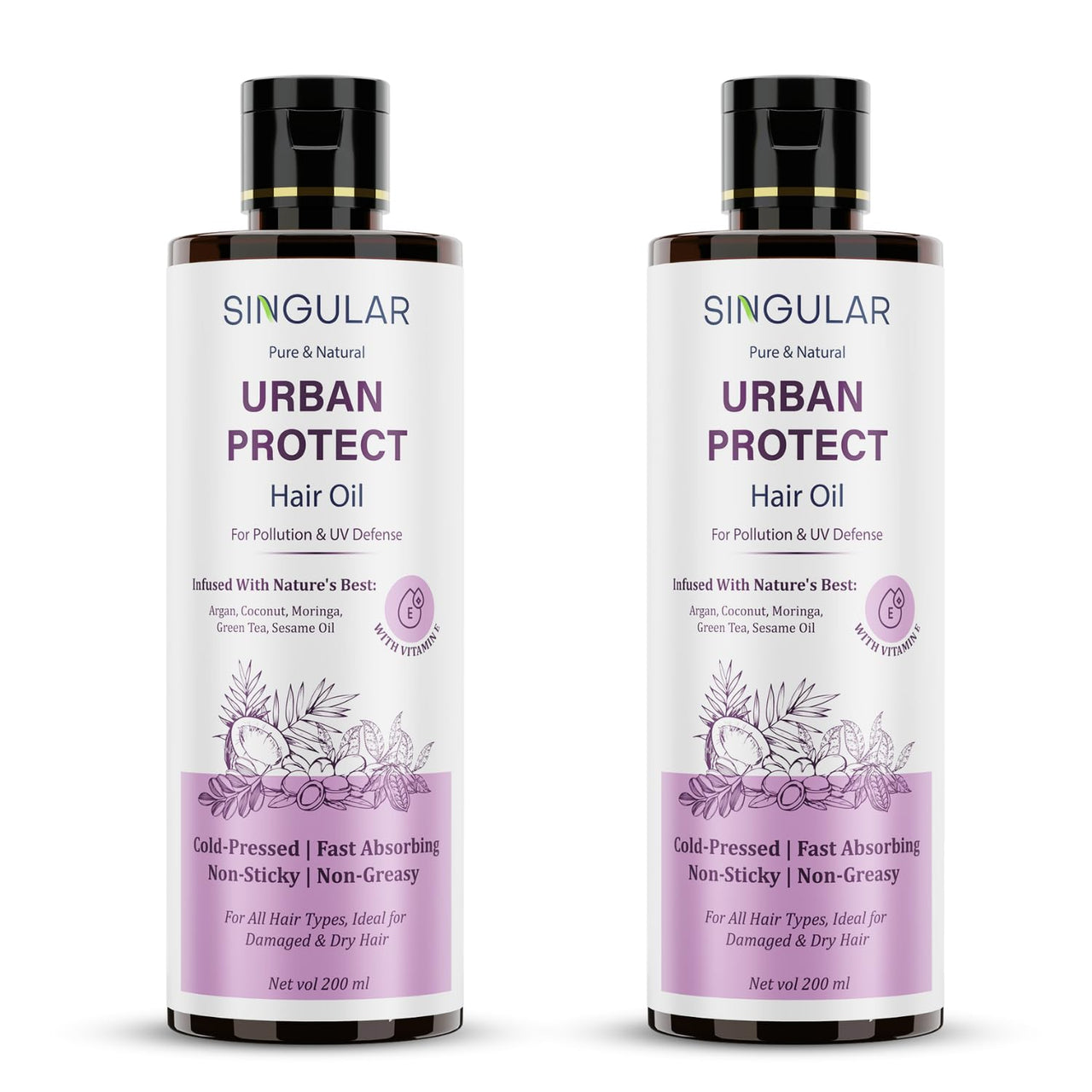 Singular Urban Protect Hair Oil for Pollution and UV Defense | Pure & Natural Cold Pressed Oil Infused with Nature's Best Argan, Coconut, Moringa, Green Tea, Sesame Oil with Vitamin E | Ideal for Damaged and Dry Hair | 400 ml