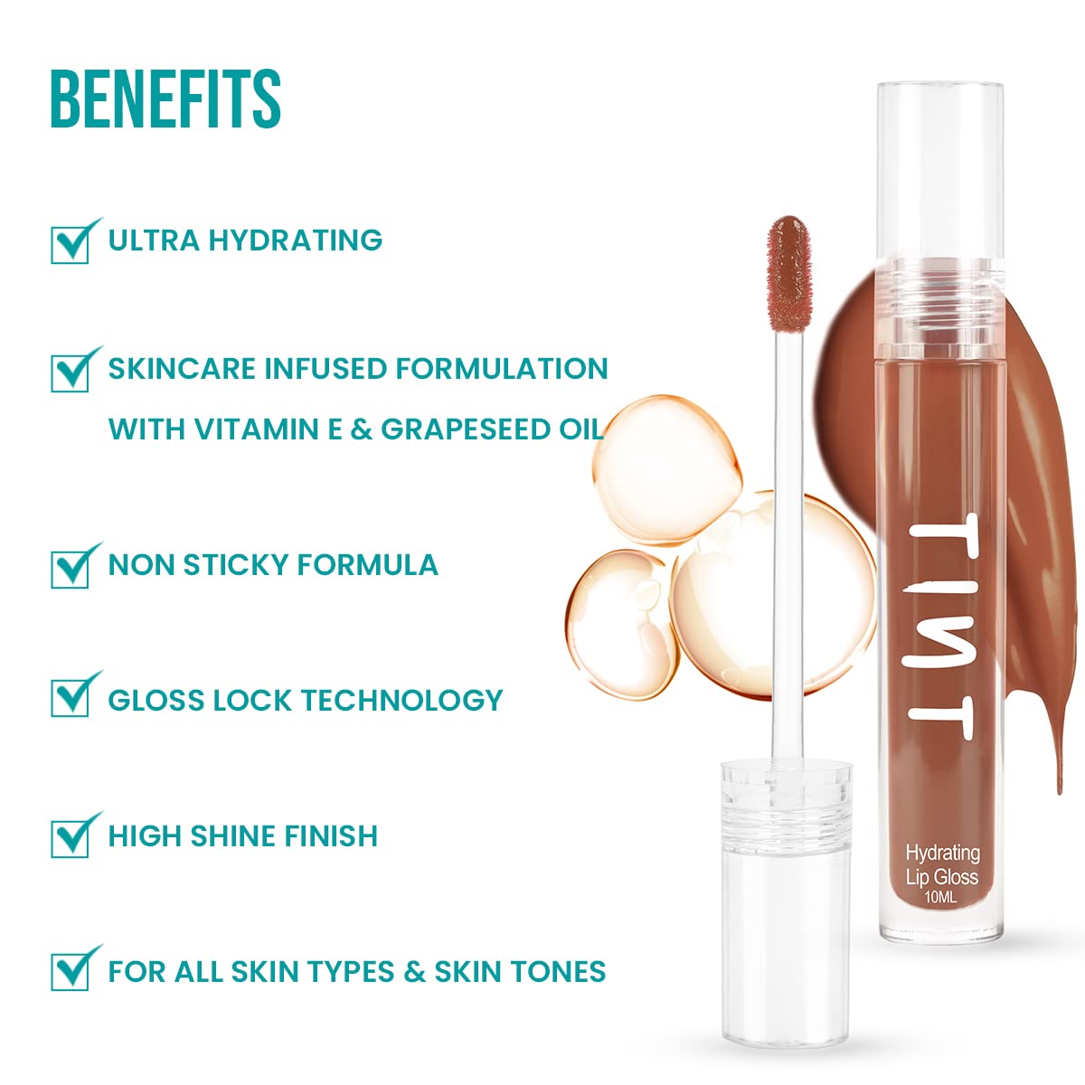 Tint Cosmetics 10ml Nude Lipgloss, Non Sticky, Hydrating, Light Weight, Long Lasting, High Shine & Soft Natural Liquid Lip Gloss For Girls & Women (Roasted Chestnut)