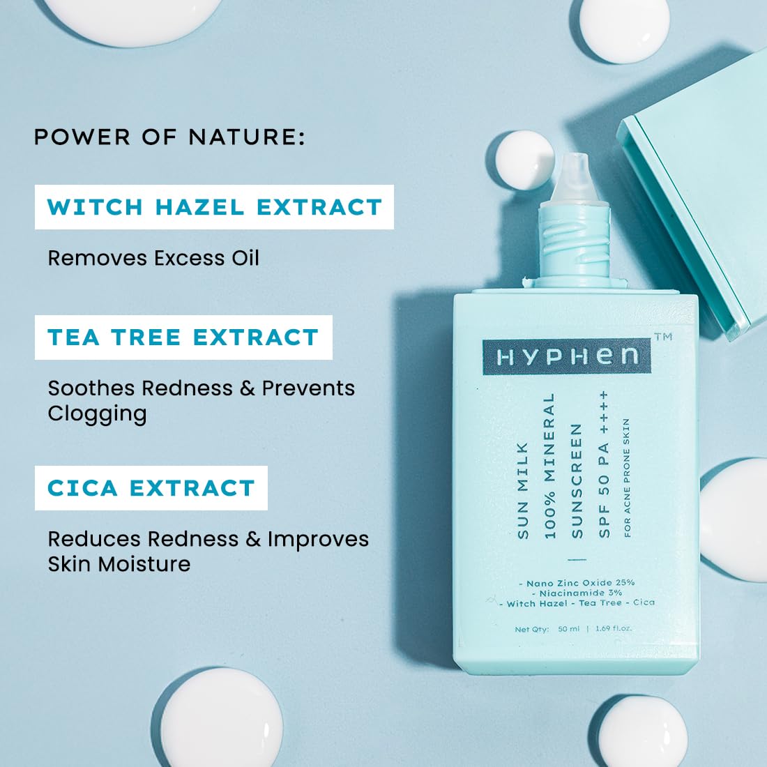 Hyphen Sun Milk 100% Mineral Sunscreen Spf 50 Pa++++ Uv+ Bluelight Protection, 25% Nano Zinc Oxide | Sensitive, Acne Prone & Oily Skin, Water Resistant Sun Protect | For Women And Men - 50 Ml