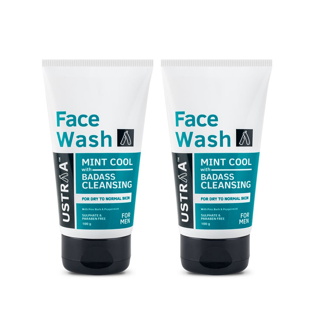 Ustraa Face Wash - Mint Cool - For Dry to Normal Skin - 100g x 2 | Reduces Moisture Loss | Removes Dirt & Dead Skin | with Pine Bark & Peppermint | NO SLS, NO PARABEN (Pack of 2)