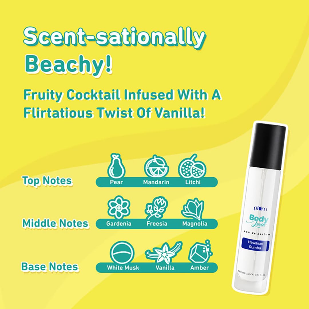 Plum BodyLovin' Hawaiian Rumba Eau De Perfum (Parfum) | Long Lasting & Premium Beachy Fragrance | Luxury Perfume for Women | Mandarin, Gardenia & Vanilla Notes | Travel Friendly | High On Fun - 15ml