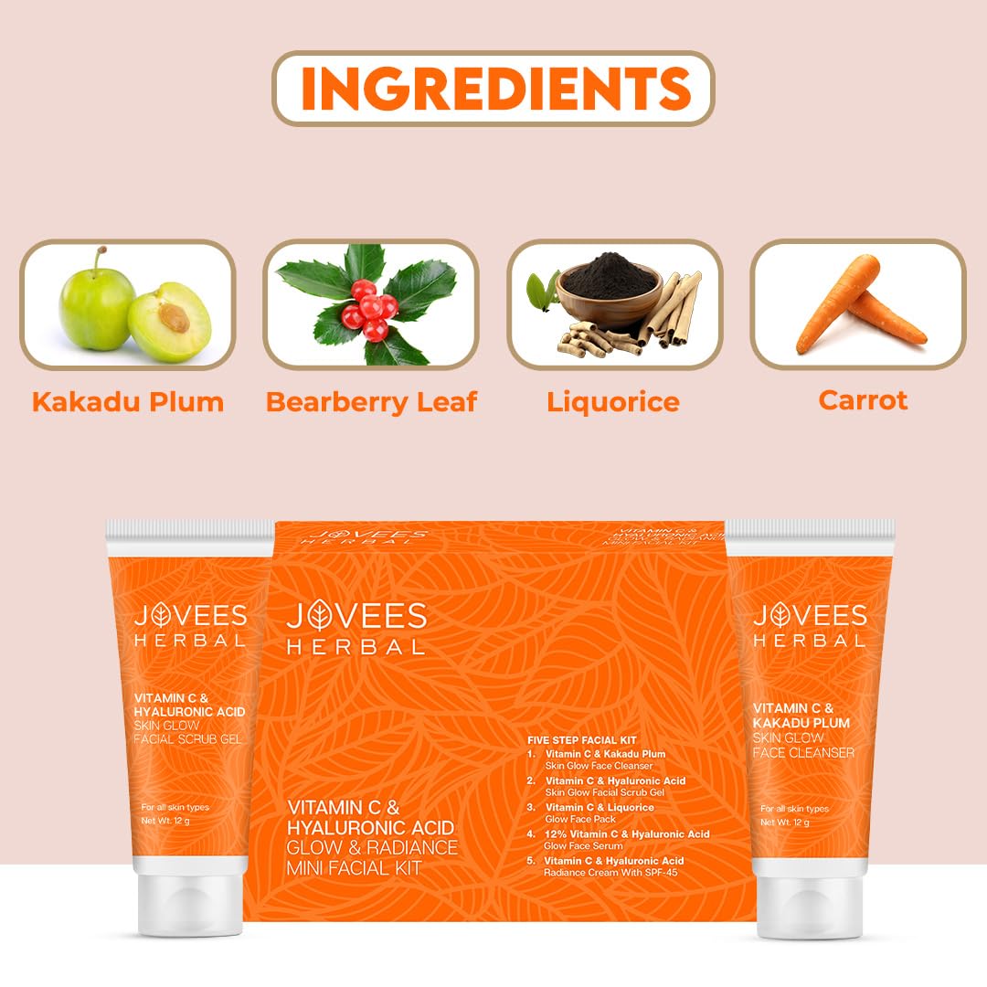 Jovees Herbal Vitamin C & Hyaluronic Acid Glow & Radiance Mini Facial Kit For Brighter & Glowing Skin | Kit For Improves Uneven Skin Tone, Fines Lines & Dullness 53g (Multiple use)