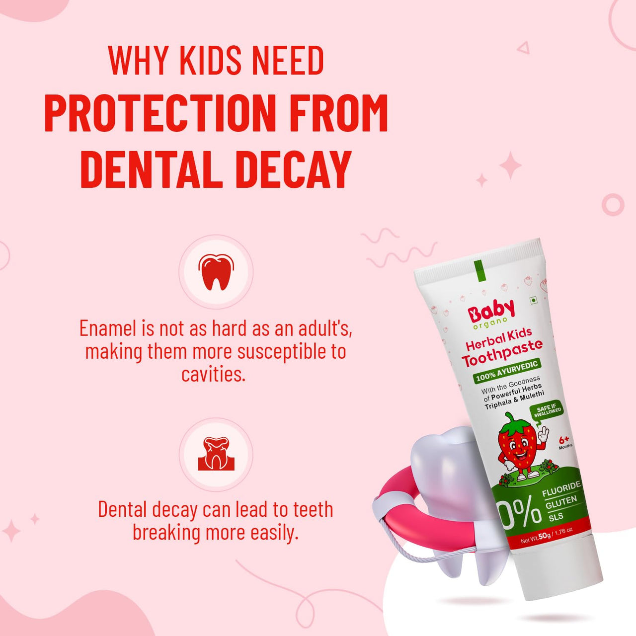 BabyOrgano® Herbal Toothpaste for kids l 100% Ayurvedic l Non Gel Formula l goodness of Babool and Mulethi l Strawberry Flavour l Fluoride & SLS Free l FDCA Approved - 50gm (Pack of 2)