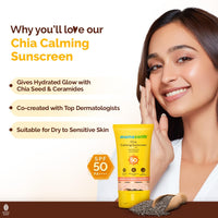 Mamaearth Chia Calming Sunscreen with Chia Seed & Ceramides for Hydrated Glow & Sun Protection - 50 g | SPF 50 PA++++ | Co-Created With Top Dermats | For Dry to Normal, Sensitive Skin | Healthy Skin Barrier