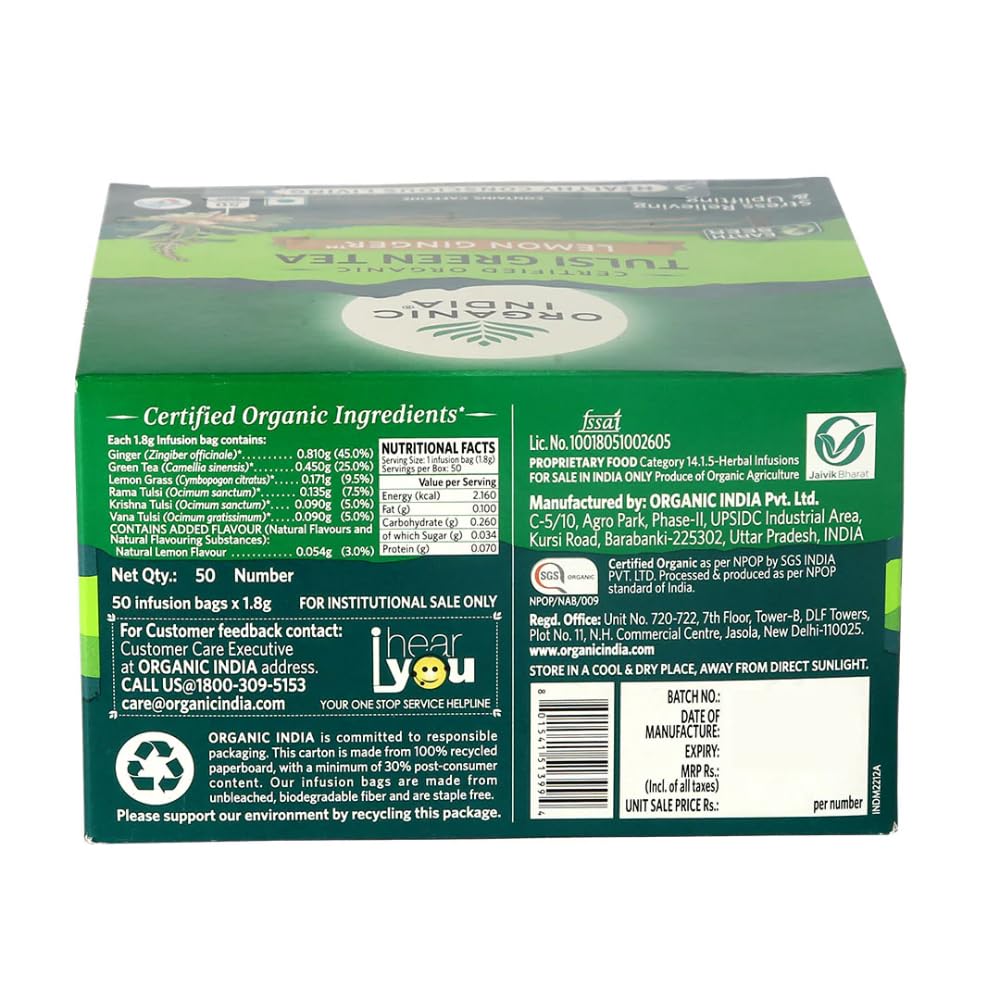 A TATA Product - Organic India Tulsi Green Tea Lemon Ginger - 50 Teabags, Herbal Blend with Green Tea, Tulsi, Lemon & Ginger, Supports Digestion, Refreshing Taste, Natural Ingredients