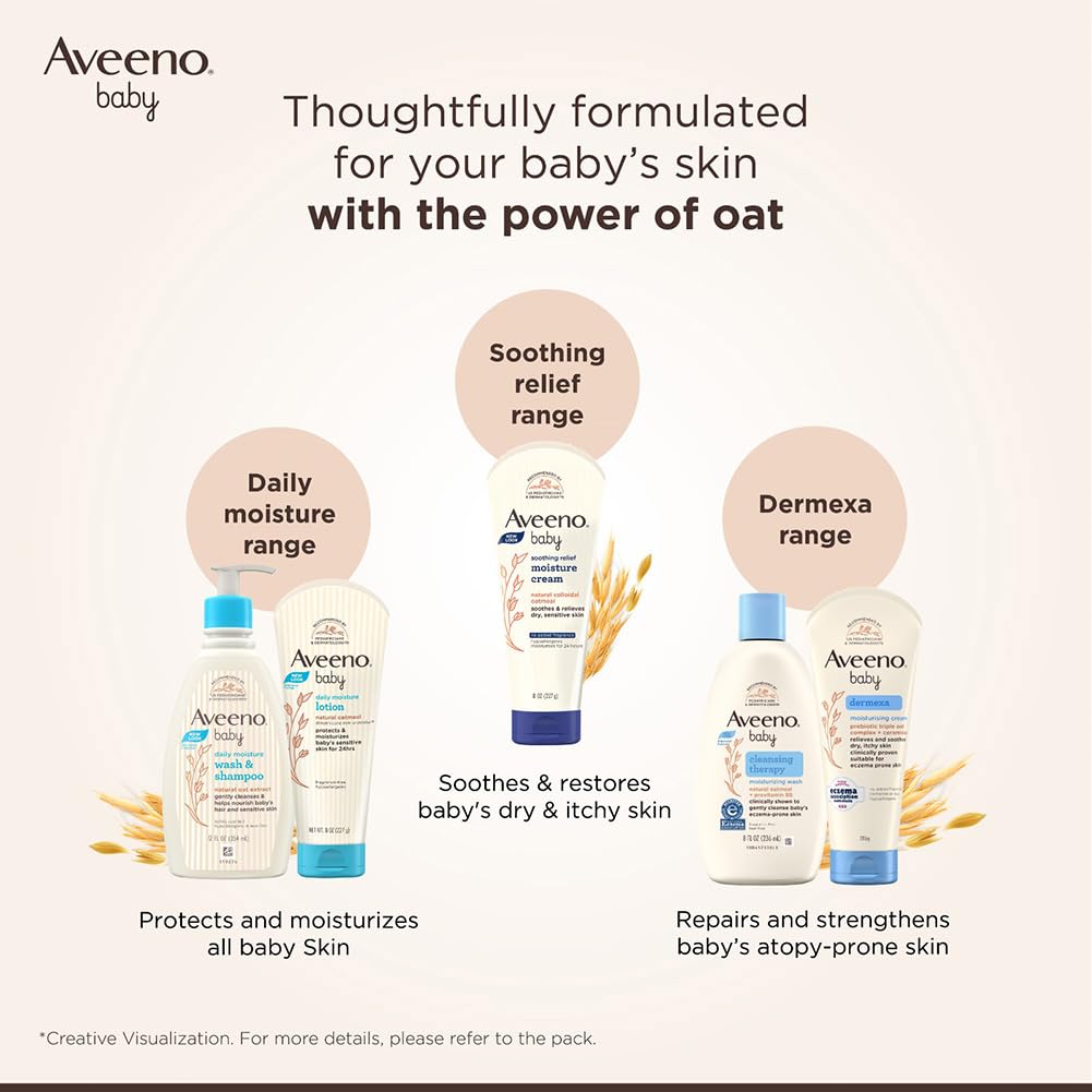 Combo Pack: Aveeno Baby Daily Moisturizing Wash & Shampoo (354ml) + Daily Moisture Lotion (227g) + Soothing Relief Moisture Cream 100g | With natural oat extract | Hypoallergenic, pediatrician recommended | pH balanced formulation with no added parabens a