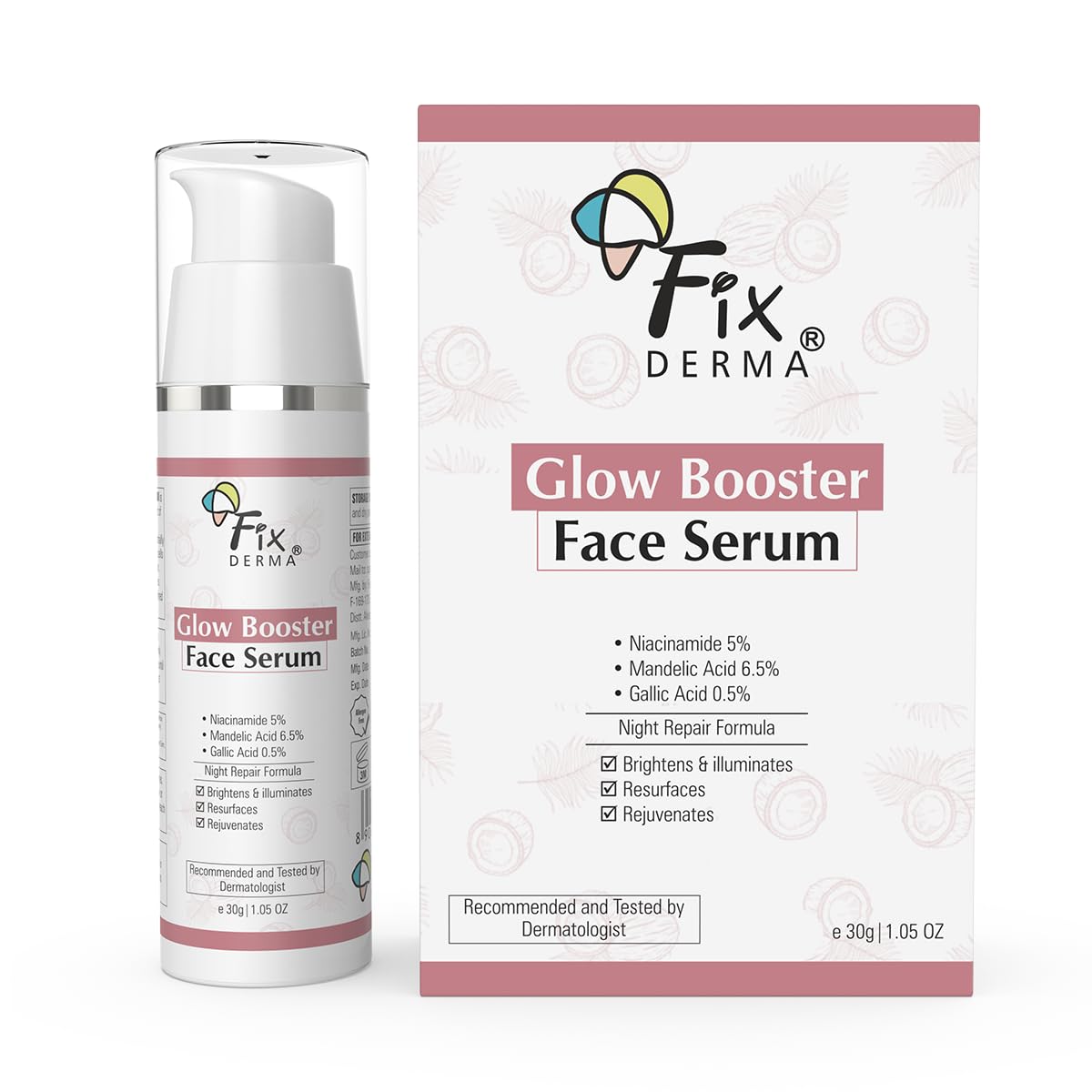 Fixderma 5% Niacinamide Serum Glow Booster Face serum with 6.5% Mandelic Acid & 0.5% Gallic Acid | Skin Brightening Serum | Face Serum for Men & Women - 30g