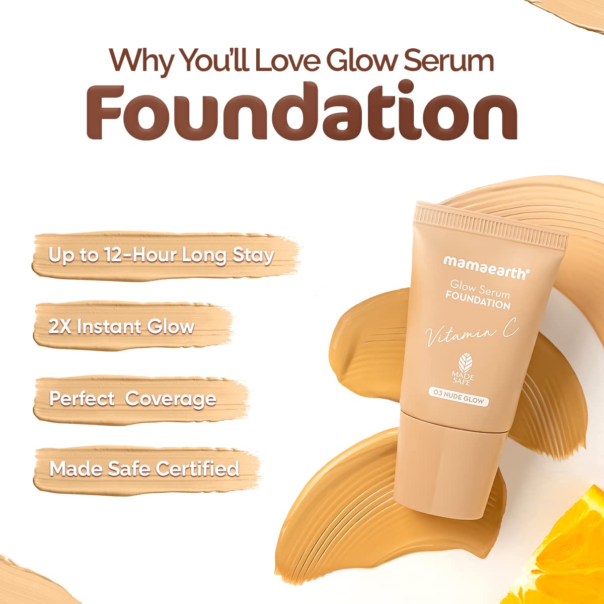 Mamaearth Glow Serum Foundation Mini Tube With Vitamin C & Turmeric For 12-Hour Long Stay- 18 Ml L 12-Hour Long Stay | 2X Instant Glow (Nude Glow), Full, Matte