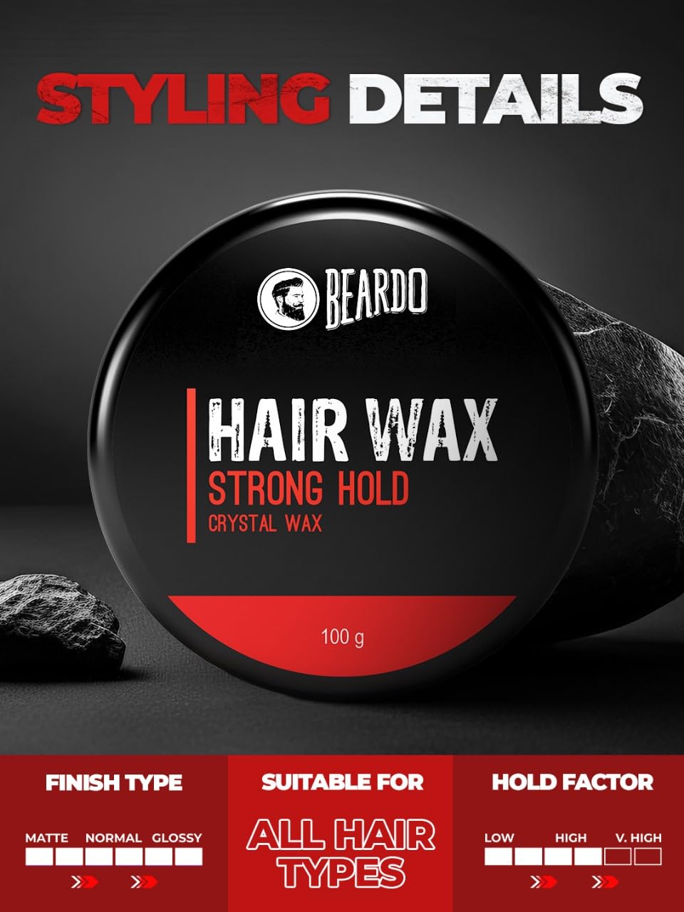 Beardo Stronghold Hair Wax For Men, 100 gm | Crystal Hair Wax with Aloe Vera & Castor Oil | Hair Wax Men | Hair Styling Wax for Glossy Finish & Shine | Strong Hold Hair Wax