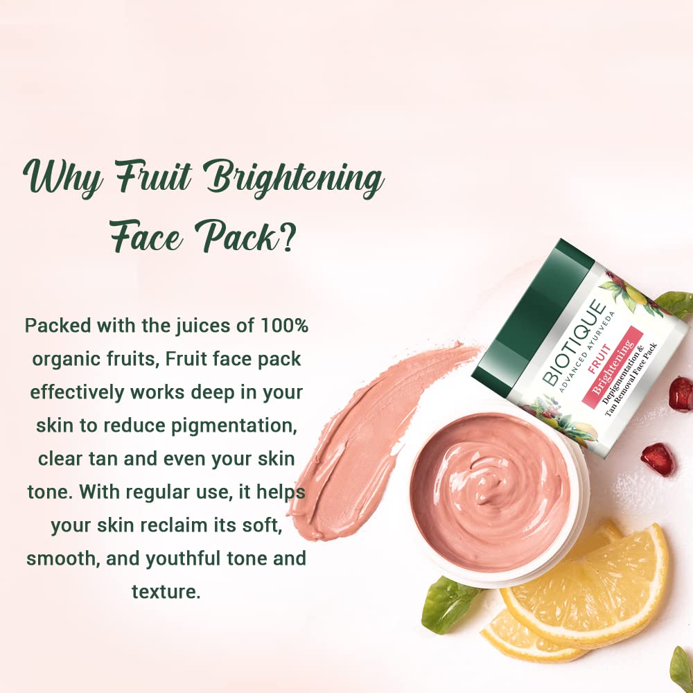 Biotique Fruit Brightening Depigmentation and Tan Removal Face Pack| Ayurvedic and Organically Pure| Tan Removal Face Pack for All Skin Types|100% Botanical Extracts| 75gm