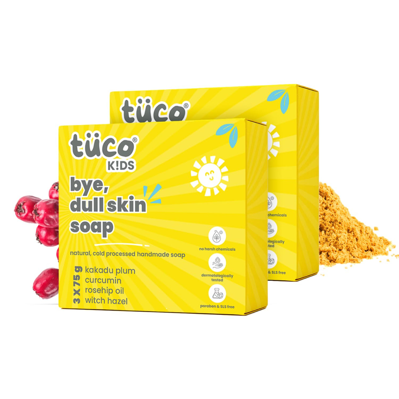 Tuco® Kids Bye, Dull Skin Soap Pack of 6X75gm with Turmeric, Shea Butter & Coconut Oil | Perfect for Dull & Sensitive Skin | Paraben & Sulphate Free | Ages 2-5, 5-10, 10-15 | 6x75gm