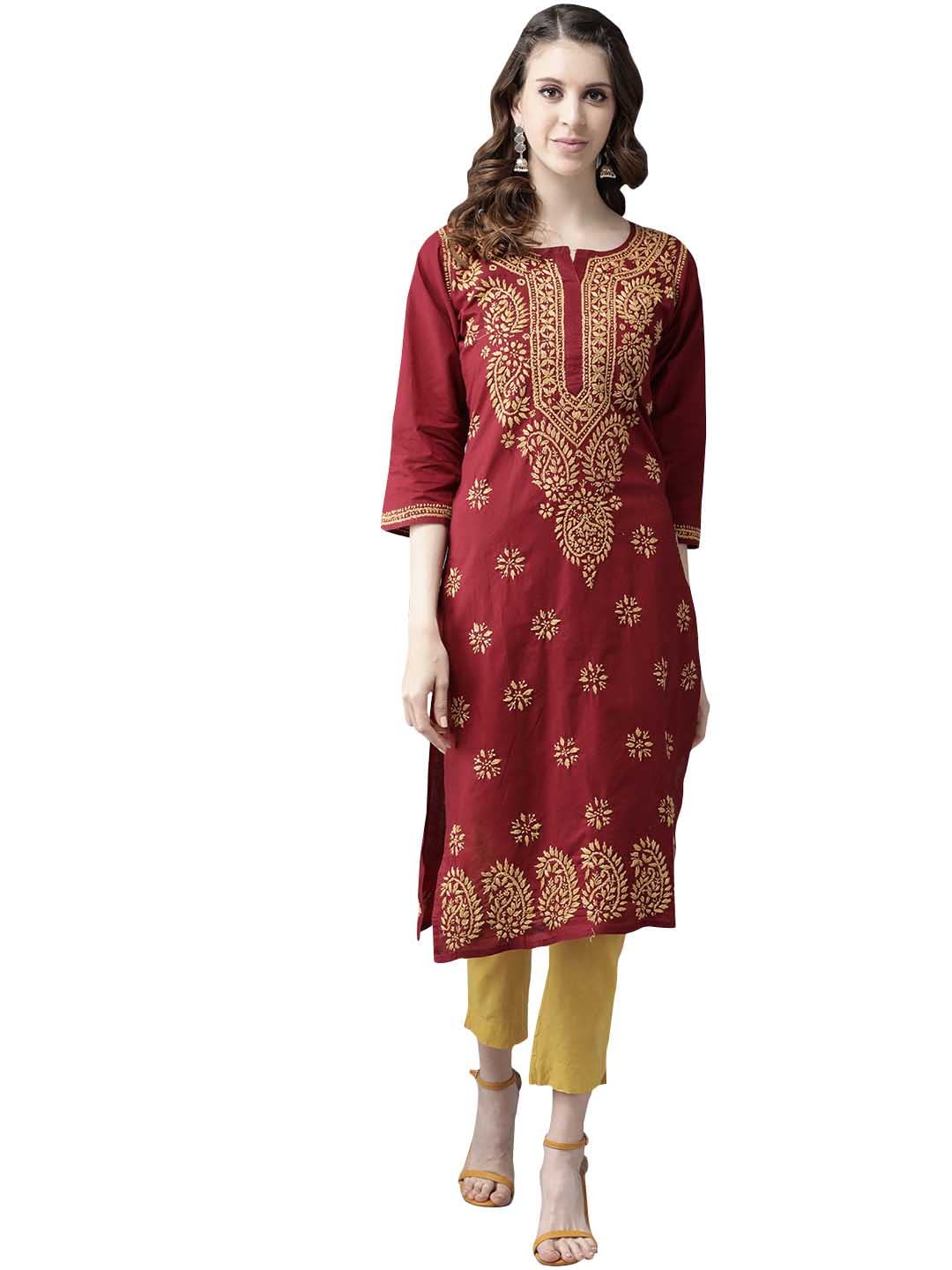 Ada Lucknowi Hand Embroidered Chikankari Straight Cotton Kurti Kurta for Women