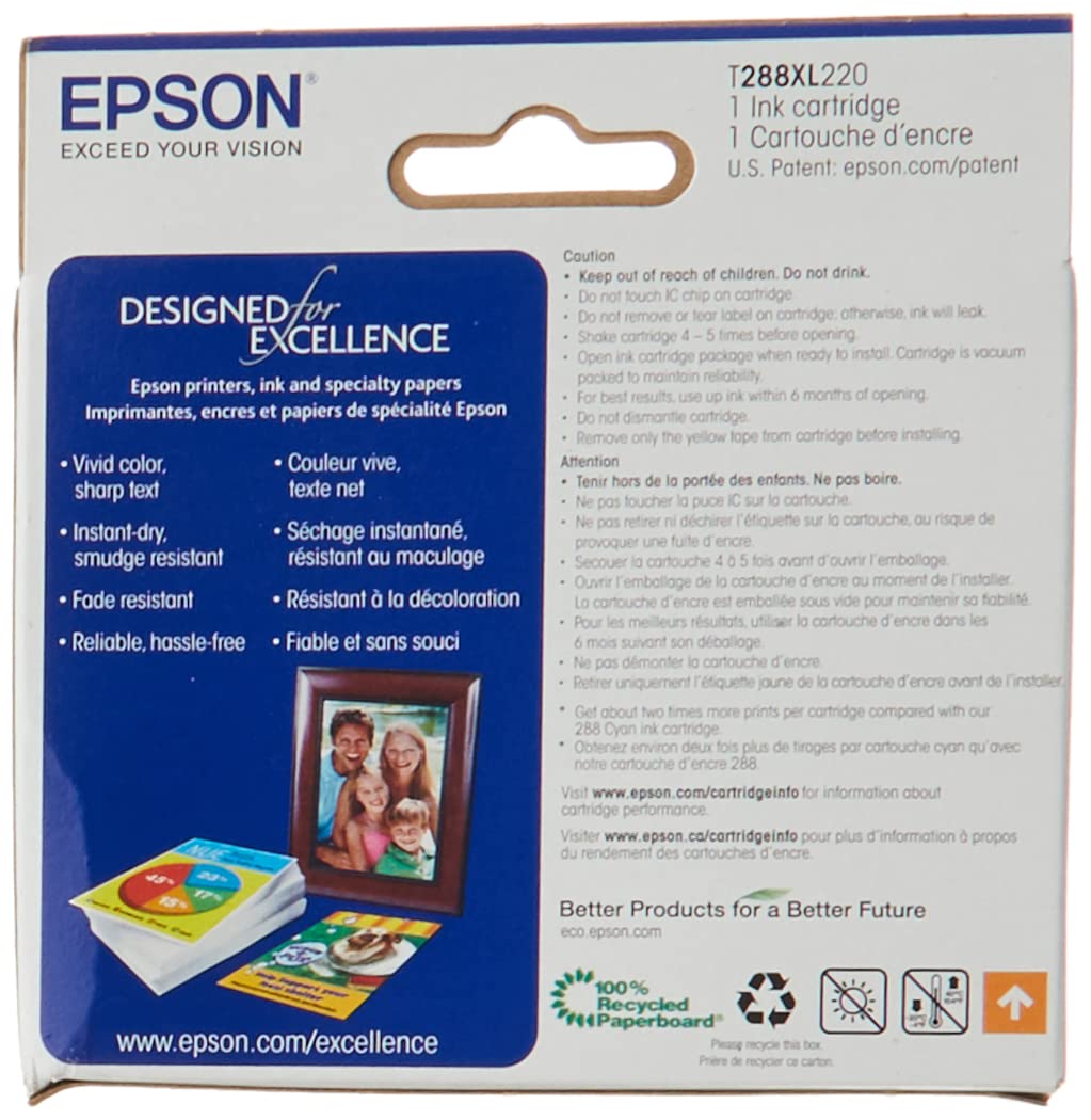 Epson T288 DURABrite Ultra -Ink High Capacity Cyan -Cartridge (T288XL220-S) for Select Expression Printers (Pack of 2)