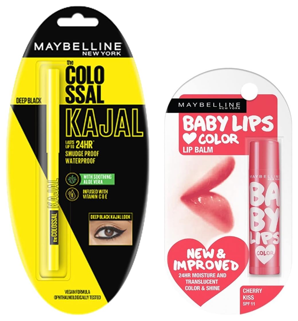 Maybelline New York Colossal Kajal, Black, 0.35g And Maybelline New York Baby Lips Lip Balm, Cherry Kiss, 4g