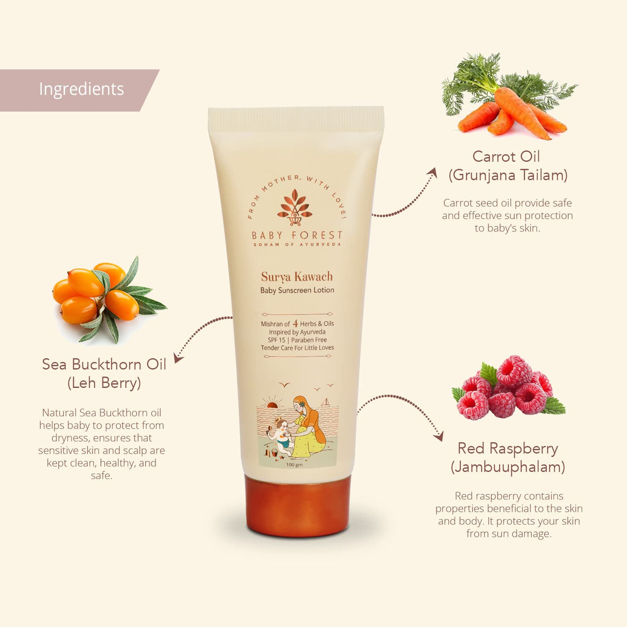 Baby Forest Surya Kawach Baby Sunscreen Lotion SPF 15, Paraben free, 100 gm with Khilta Mukhra Baby Face Cream 50 gm