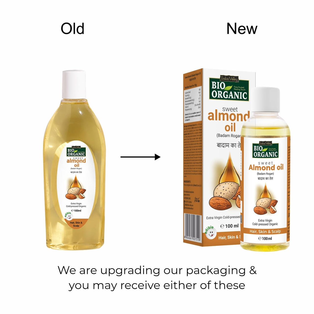 INDUS VALLEY Bio Organic Cold Pressed Almond Oil for Soft & Shiny Hair, Glowing Skin, Hair Damage Protection, Pure Roghan Badam Oil(Tail) for Baby Massage - 100ml