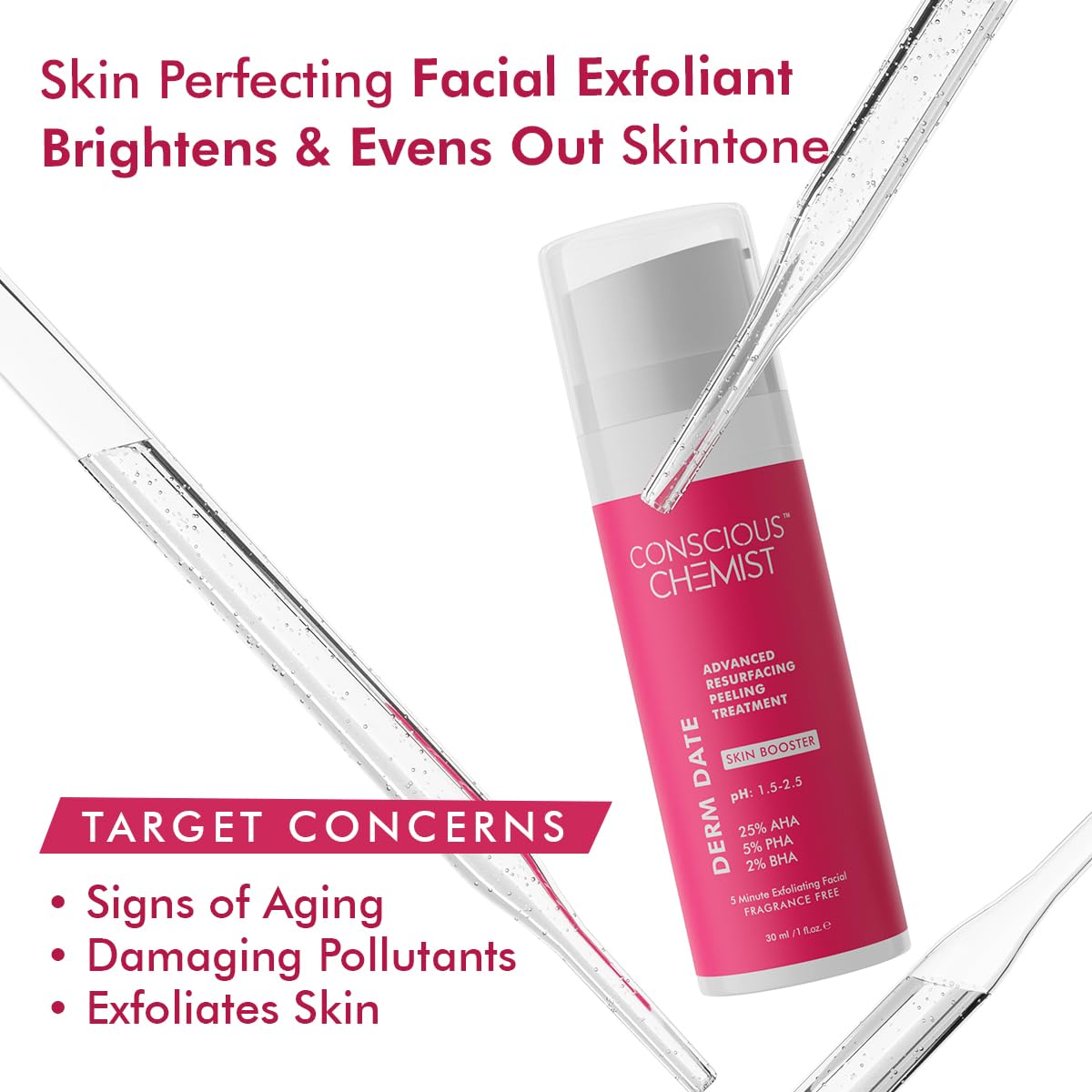 Conscious Chemist® 25% AHA, 2% BHA, 5% PHA Peeling Solution | 30ml | Advanced Resurfacing AHA BHA Peeling Solution, Anti Aging Serum, Exfoliating Serum, Face Serum for Men & Women - Derm Date