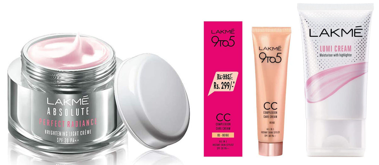 Lakmé Absolute Perfect Radiance Brightening Light Crème With Niacinamide & Micro Crystals, 50G & Lakmé 9 To 5 Complexion Care Face Cc Cream, Beige, Spf 30, 30 G & Lakmé Lumi Cream,30 Gm