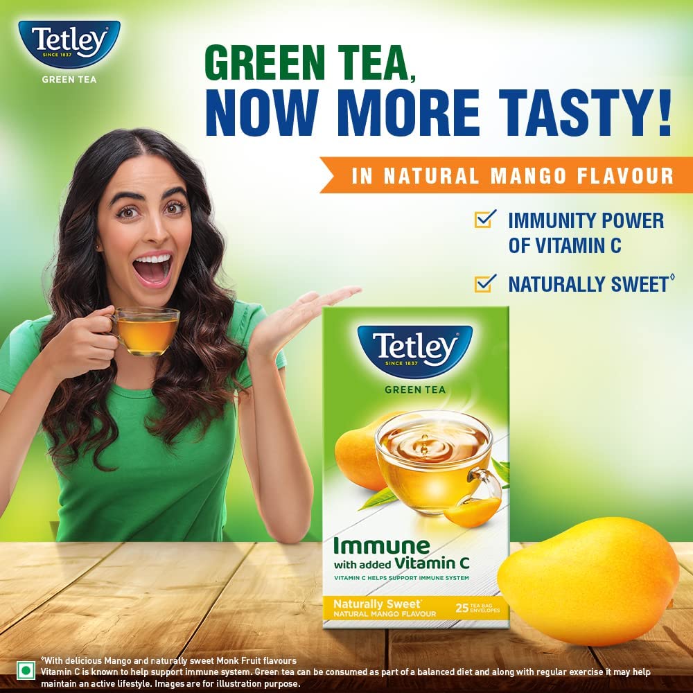 Tetley Green Tea Immune, With Added Vitamin C, Naturally Mango Flavour, 25 Tea Bags, 1.3gx25, 32 Grams