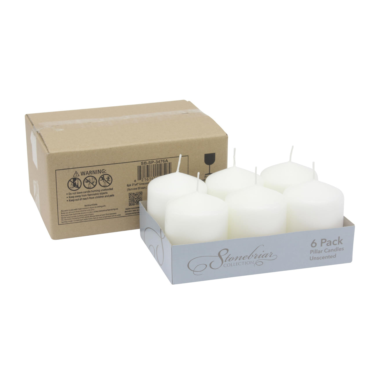 Stonebriar 3 Pack Tall 3 x 6 Inch 65 Hour Long Burning Unscented White Wax Pillar Candles 3x6 3.0