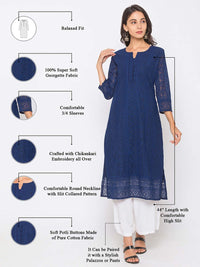 ZOLA Exclusive Georgette Round Neck with 3/4Th Sleeves and Calf Length Luckhnowi Chikan Kari Kurta with Button Placket On Yolk Ethnic Wear Straight Kurta for Women