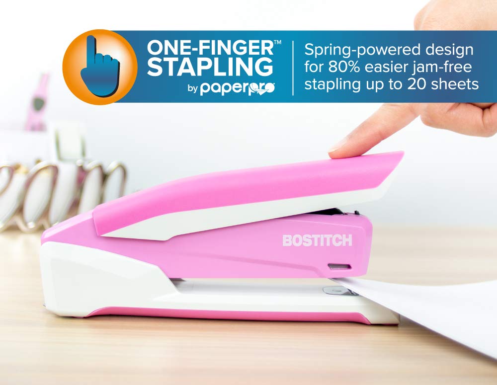 Bostitch Office InPower Spring-Powered Desktop Stapler, 20 Sheet Capacity, One Finger Stapling, Includes 210 Staples, Jam Free, Opens for Tacking, Breast Cancer Awareness Pink