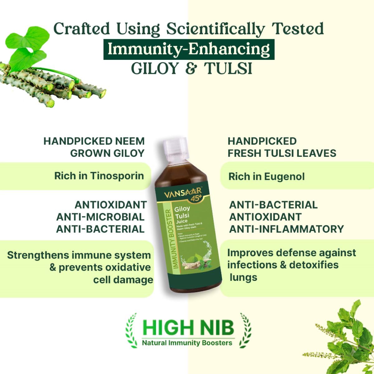 Vansaar 45+ Neem Grown Giloy Tulsi Juice with 4-in-1 Immuno- Enhancing benefits| Handpicked Fresh Tulsi and Neem grown Giloy| NIB rich for all-round Immunity| 100% Pure, Natural Juice - 1L
