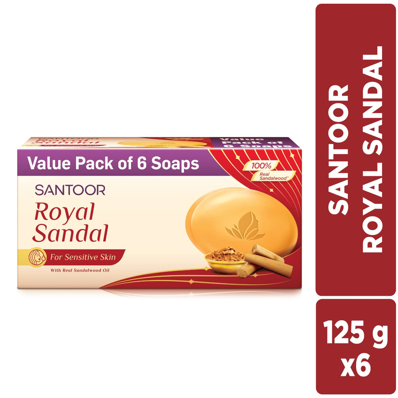 SANTOOR Royal Sandal, 6x125g&Santoor Aloe Fresh Soap with Aloe Vera and Lime for Radiant Looking Skin, 125g, 4 + 1