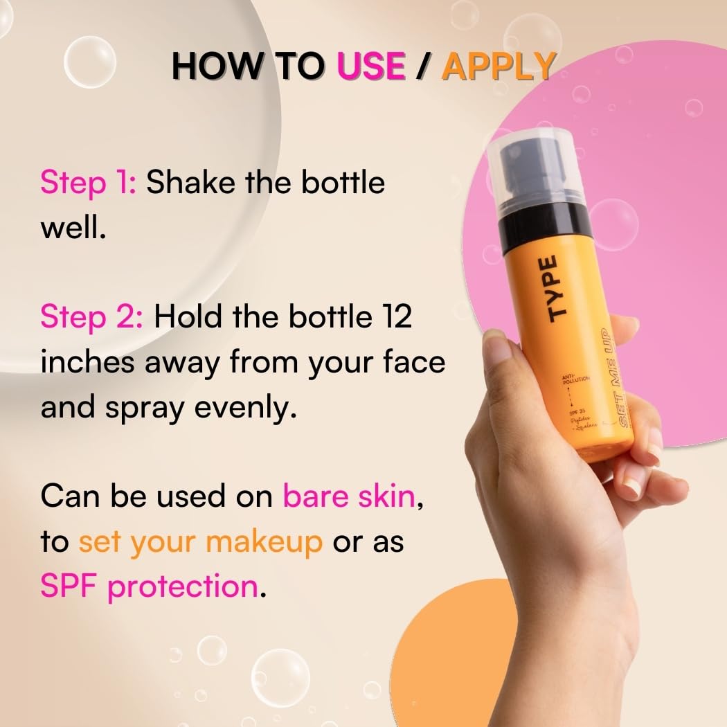 TYPE BEAUTY INC. Hydrating Setting Spray with SPF 35 PA++++ | 12Hr Long-Lasting & Hydrating | Dewy Finish for Fine Lines & Wrinkles | Anti-Aging | Lightweight & Refreshing | Makeup Fixer | 60ML