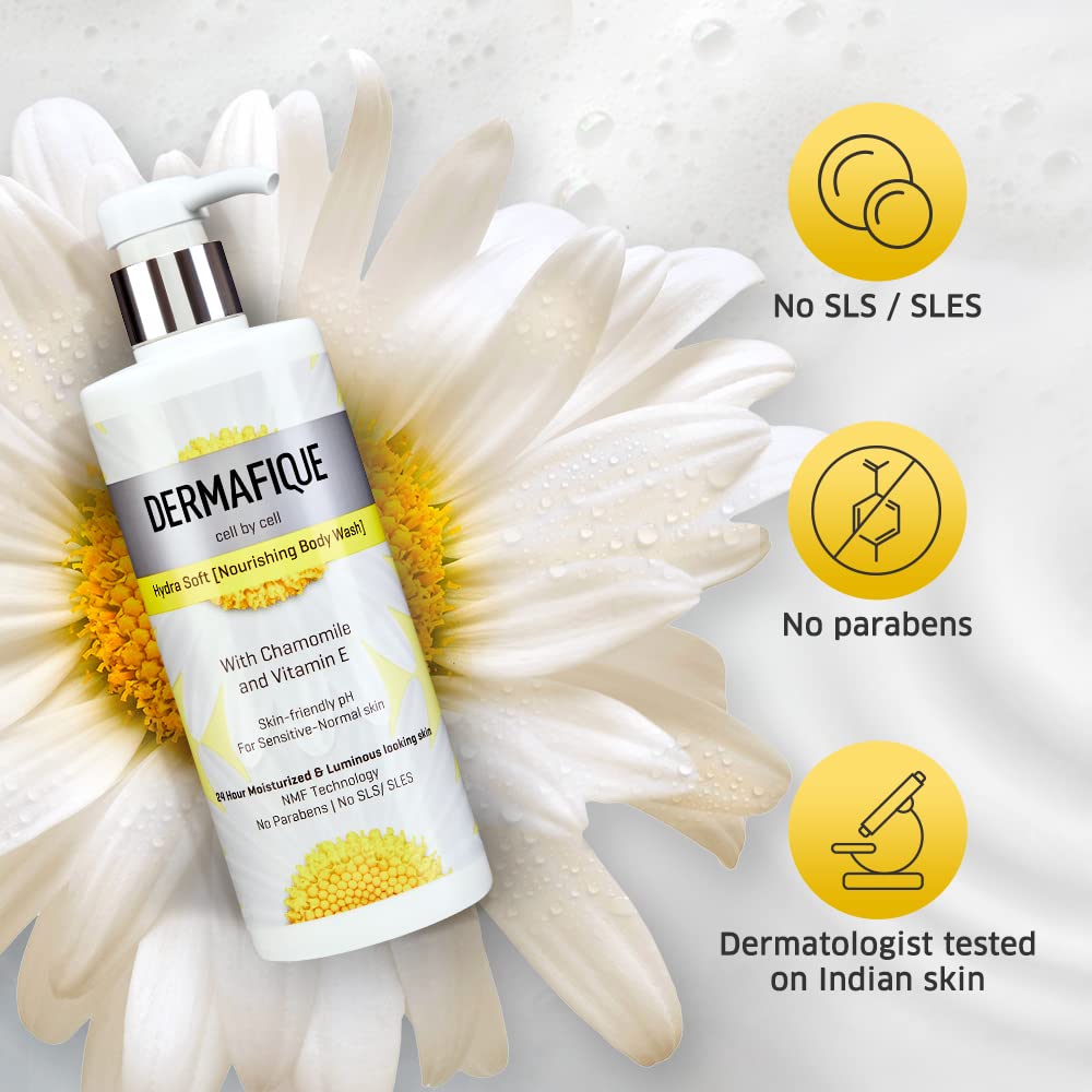 Dermafique Hydra Soft Nourishing Body Wash – 500ml, Showergel for Women & Men, No Parabens/SLS/SLES, With Vitamin E & Chamomile, Suitable for Sensitive - Normal Skin | Dermatologist Tested