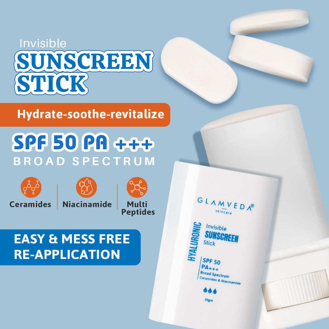 Glamveda Hyaluronic Invisible Sunscreen Stick SPF-50 PA+++ | Blue Light Filter, Hydration with Hyaluronic Acid & Ceramides | Dewy Finish, Easy Application | UVA/UVB Protection | for Men & Women | 20g