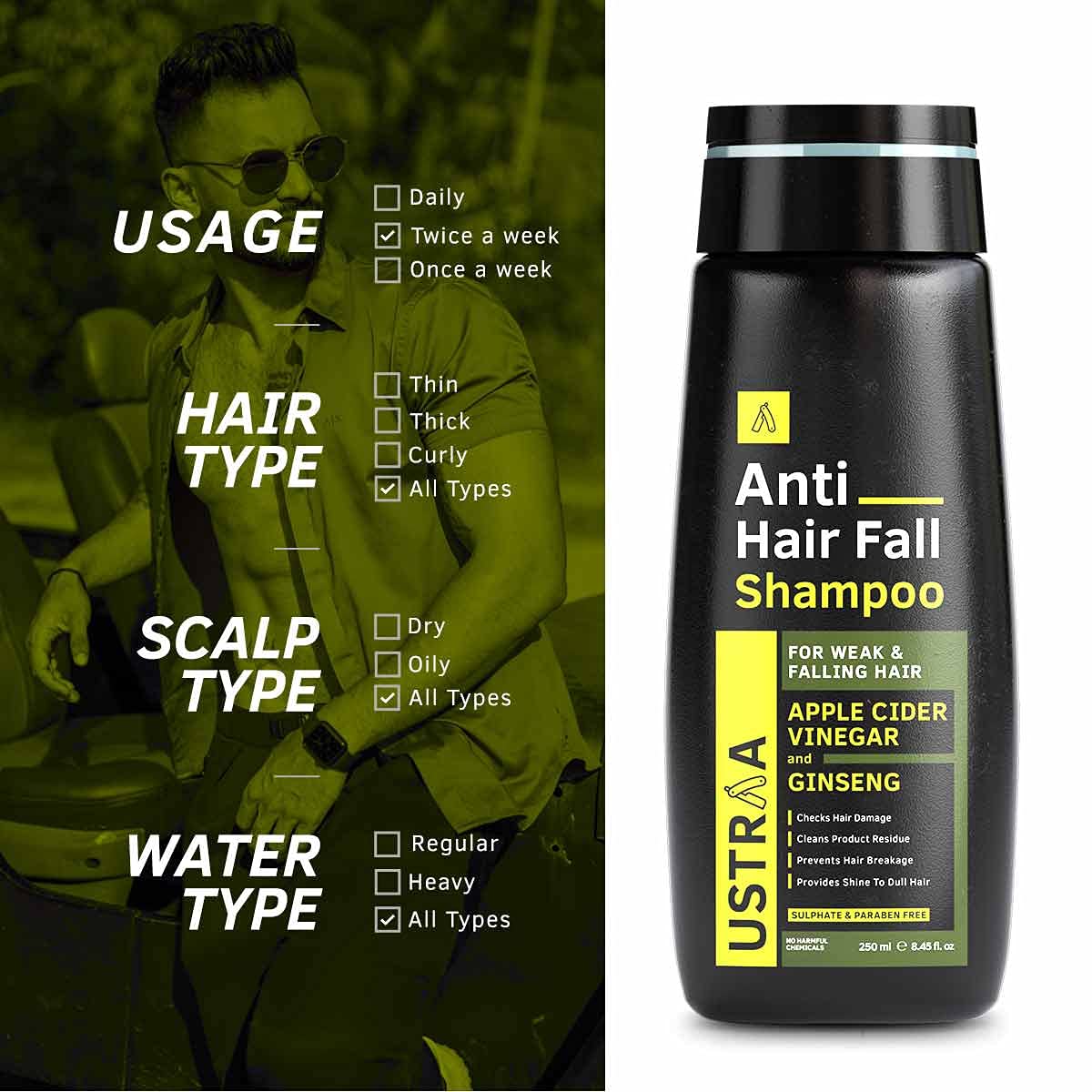 Ustraa Anti Hairfall Shampoo - 250ml - Dermatologically Tested, With Apple Cider Vinegar| Prevents Hairfall | No SLS & Hair Growth Vitalizer 100ml - With Redensyl, Saw Palmetto | Non-sticky, Non-oily