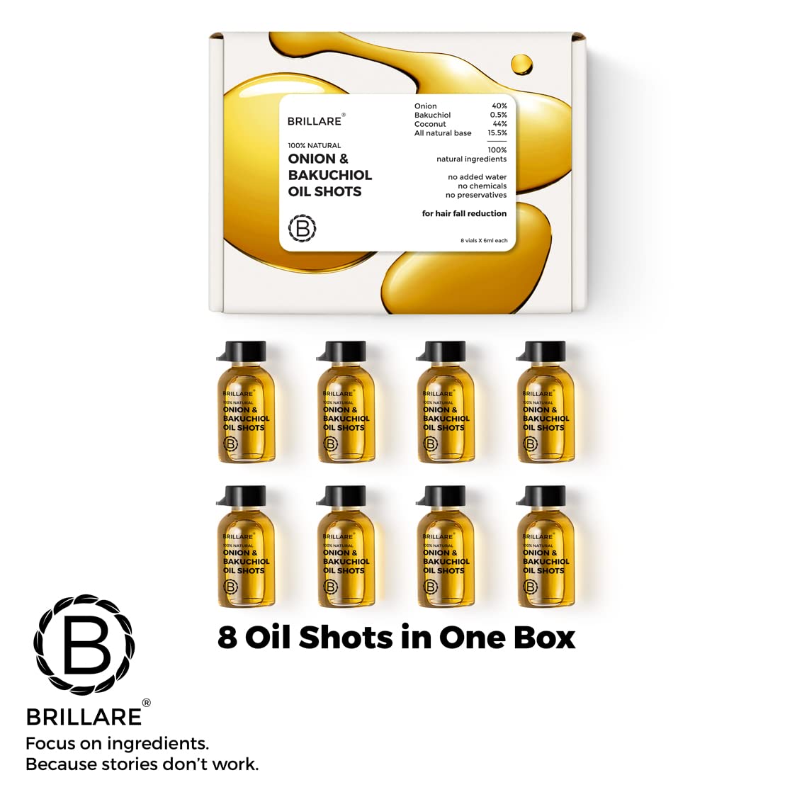 Brillare Onion Hair Oil Shots with Bakuchiol & Coconut Hair Oil for Hair Fall Control, Reduces hair fall, 100% Natural Hair Oil, (6ml *8 Vials)