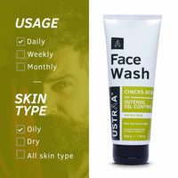 Ustraa Face Wash - Oily skin - 200g - Specially formulated for Oily Skin | With Key lime & Basil extract | Remove excess Oil & Dirt | Sulphate and Paraben Free