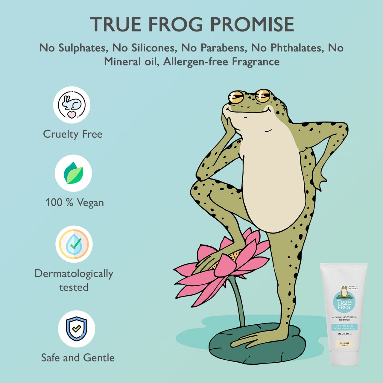 True Frog Everyday Moisturizing Shampoo To Repair Damaged hair and Reduce Frizz, Deeply Moisturizes With Aloe-Vera Extract For All Hair Types, SLS free, Paraben-free & Silicone-free - 150 ml