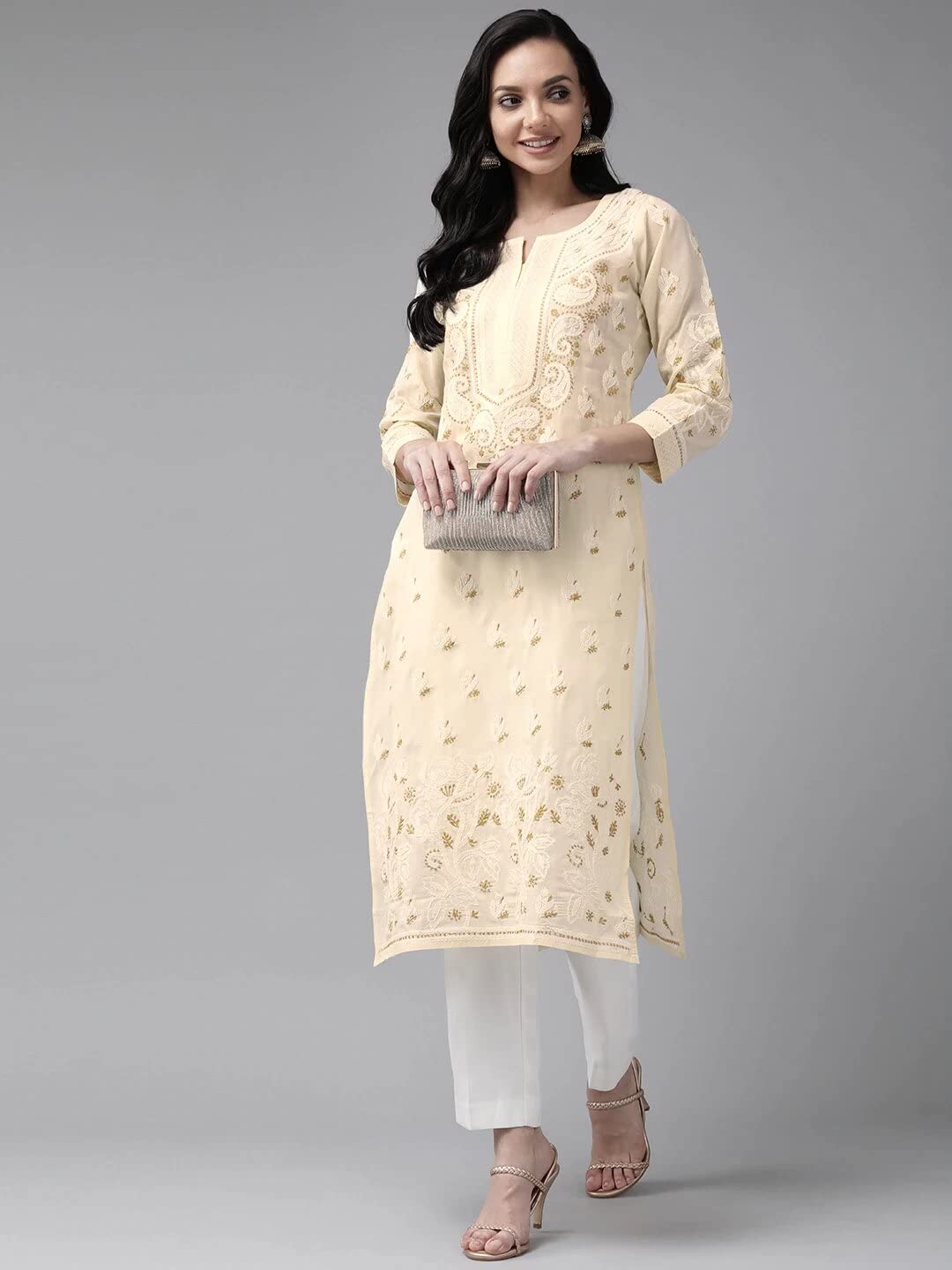 Ada Hand Embroidered Lucknowi Chikankari Straight Cotton Kurti Kurta for Women A220999 White 2XL