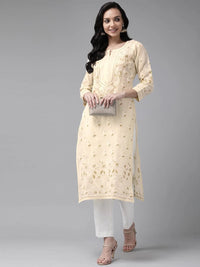 Ada Hand Embroidered Lucknowi Chikankari Straight Cotton Kurti Kurta for Women A220999 White 2XL