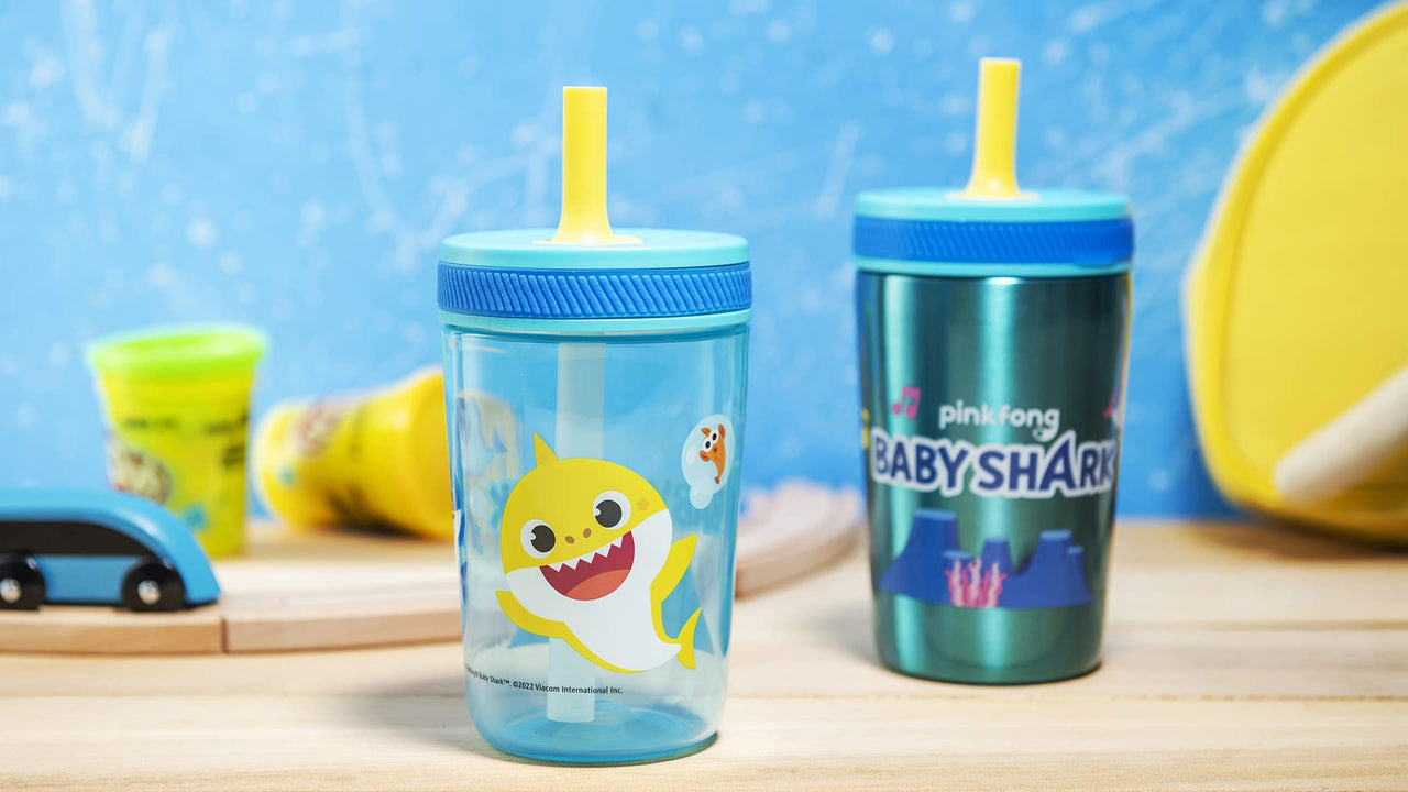 Zak Designs Baby Shark Kelso Tumbler Set, Leak-Proof Screw-On Lid with Straw, Bundle for Kids Includes Plastic and Stainless Steel Cups with Bonus Sipper (3pc Set, Non-BPA)15 fl oz. Classic