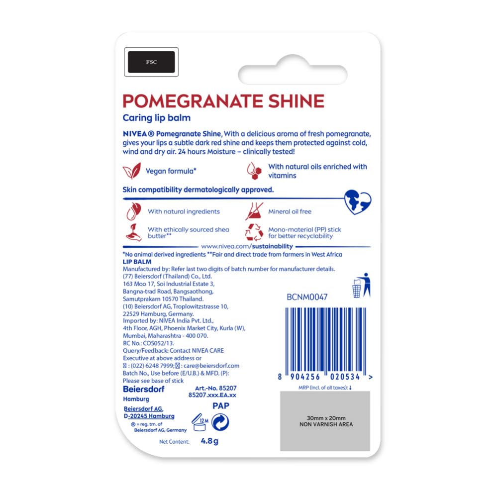 NIVEA Shine Caring Lip Balm, Pomegranate, 4.8G, Red