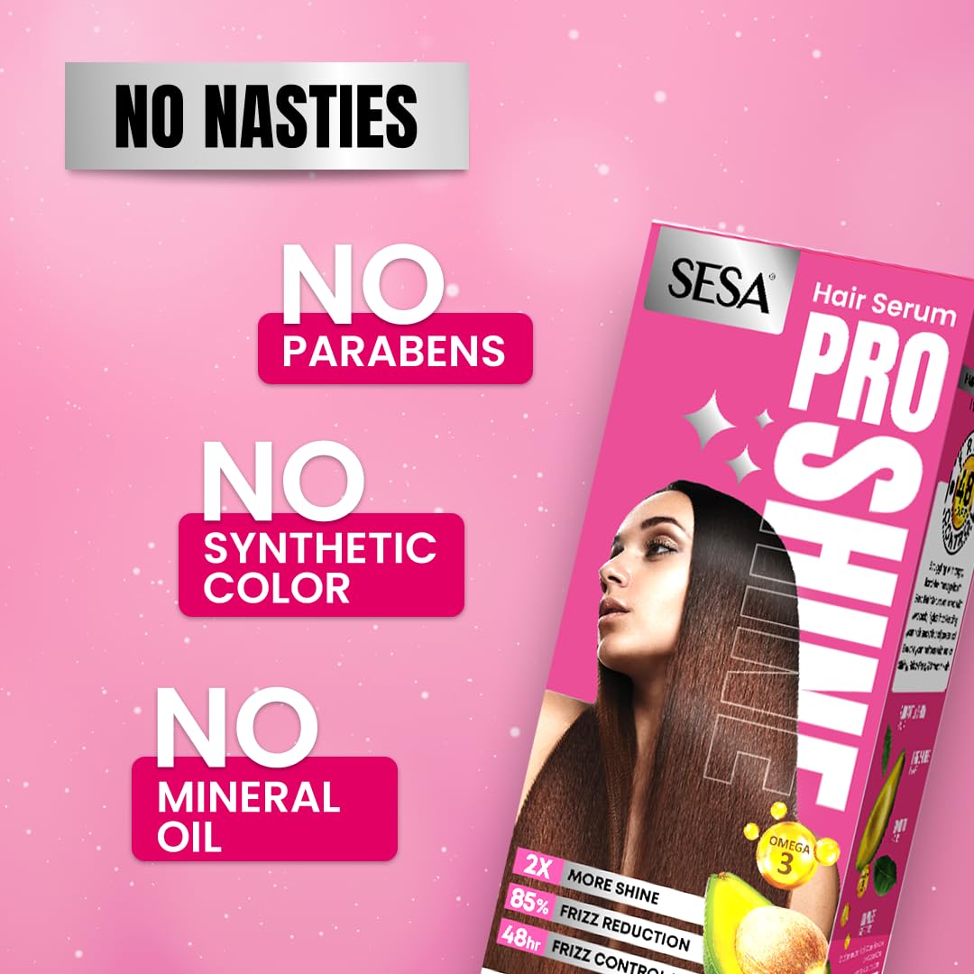 SESA Pro Shine Hair Serum For Women 2X Shine 48 hours Frizz Free For Dry Rough Hair, Smooth And Shiny With Omega 3 & Avocado, 100 ml