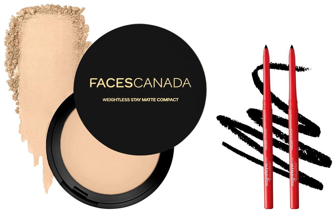 FACESCANADA Weightless Stay Matte Finish Compact Powder - Natural 9 G And Magneteyes Metallic Kajal Pencil - Black, (Pack Of 2), 0.35 gram