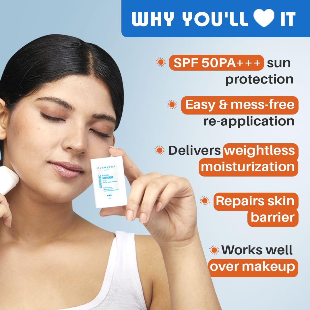 Glamveda Hyaluronic Invisible Sunscreen Stick SPF-50 PA+++ | Blue Light Filter, Hydration with Hyaluronic Acid & Ceramides | Dewy Finish, Easy Application | UVA/UVB Protection | for Men & Women | 20g