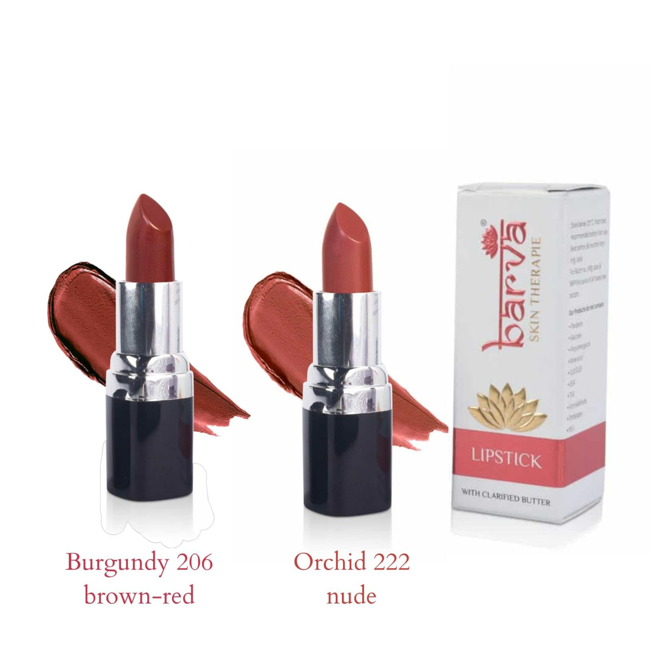 Barva Natural & Moisturising Lipsticks made using Clarified Butter, Kokum butter and Mineral Colours, 4.3g (Pack of 2) (Burgundy 206 & Orchid 222)