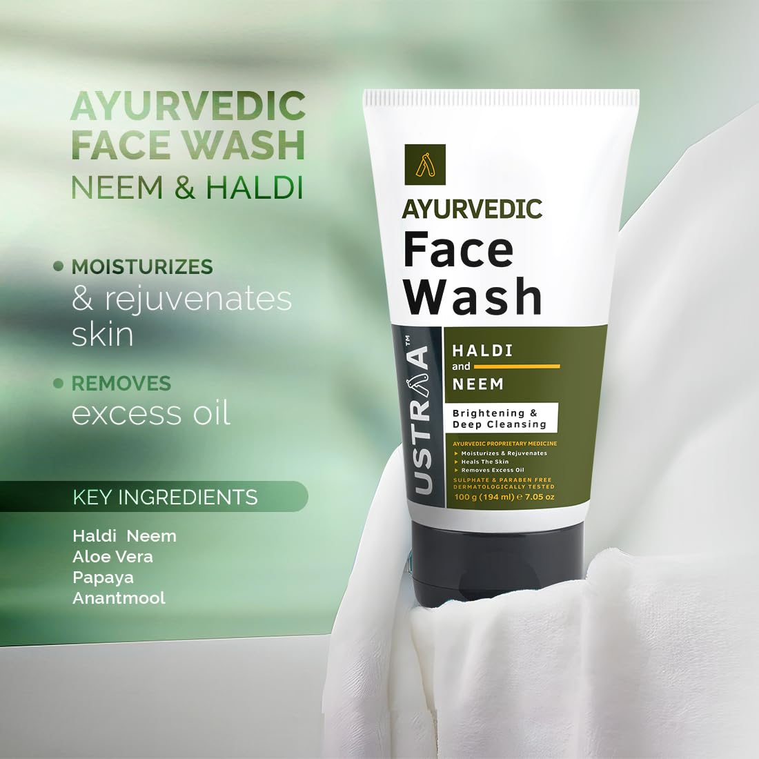 Ustraa Ayurvedic Face Wash - Neem & Haldi - 100g | Helps Heal Skin | Skin Brightening & Deep Cleansing Powers | Removes Excess Oil | No SLS, No Paraben