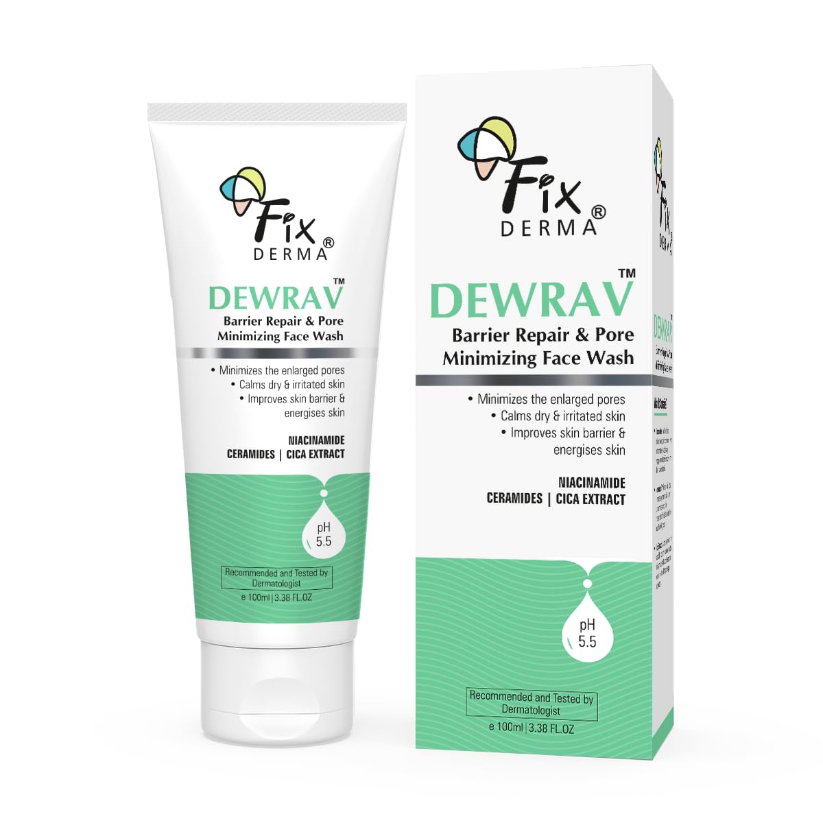 Fixderma Dewrav Barrier Repair & Pore Minimizing with 2% Niacinamide Face Wash | Cica Extract & Ceramide Improves Skin Barrier & Soothes Irritated Skin | For Normal, Dry & Sensitive Skin | 100Ml