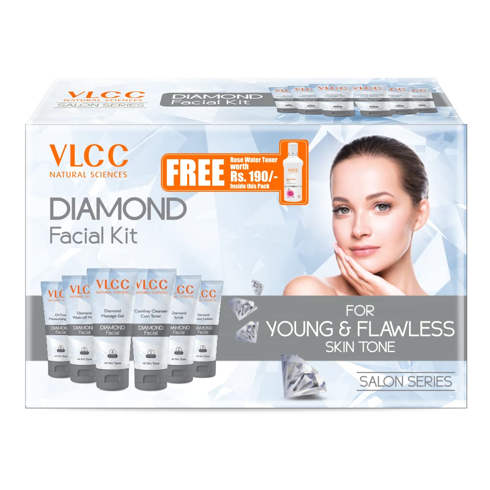 VLCC Diamond Facial Kit with FREE Rose Water Toner - 300g + 100ml | Skin Purifying Facial with Colloidal Diamond, Jojoba Oil, Olive Oil & Aloe Vera. Detoxifying At Home Facial.