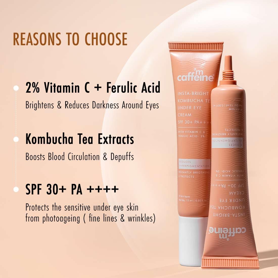 mCaffeine Brightening & Colour Corrector Tinted Under Eye Cream with 2% Vitamin C + Ferulic Acid | SPF 30+ PA++++| Reduces & Conceals Dark Circles | Instantly Brightens | UV Protection | Orange - 15ml