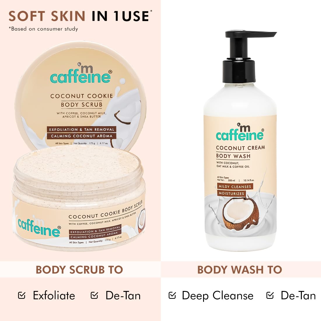 mCaffeine Tropical Coconut Cleanse & Detan Set for Glowing Skin| Mildly Cleanses, Exfoliates, Removes Tan| Coconut Body Wash - 300ml & Coconut Body Scrub - 175 g| Calming Coconut Aroma for Men & Women