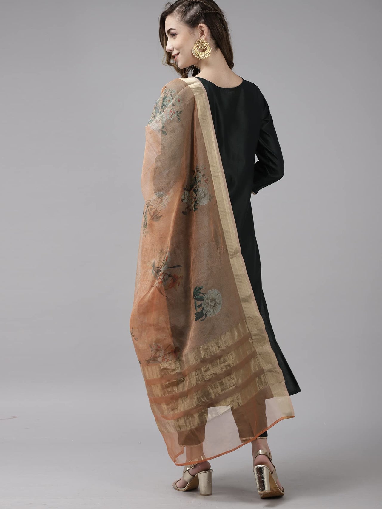 INDO ERA Women's  Cream Solid Viscose Straight Kurta Trouser With Dupatta Set